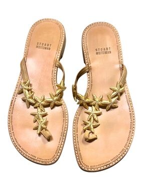 Stuart Weitzman Gold Crystal jewel Starfish 8.5 T-Strap leather thong Sandal EUC